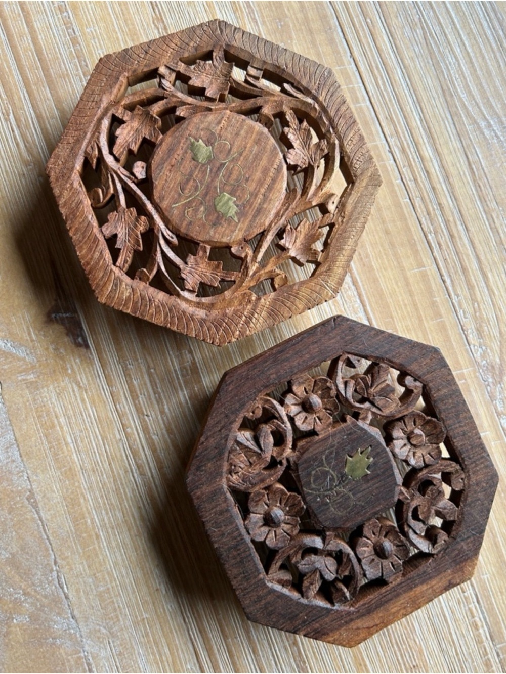 Vintage Hand Carved Wood Trivets Brass Inlay Floral Pattern.
